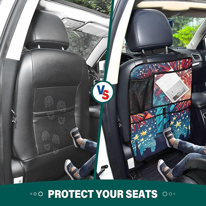 July 4th Fireworks Statue Of Liberty Blue 2 Pack Backseat Car Organizer with Storage Pockets Seat Back Organizers for Kids Kick Mats Backseat Protector Automotive