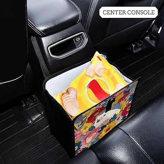 Car Trash Can Organizer Bin with Adjustable Strap for Back Front Seat Console Waterproof Leakproof Collapsible Portable 11 Inch Garden Flowers Hedgehogs Colorful