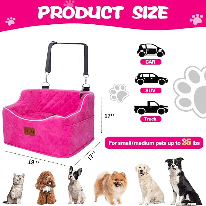 Dog Car Seat for Small Dogs, Memory Foam Dog Booster Seat for Medium Dogs Under 35lbs, Detachable and Washable Elevated Pet Car Seat with Storage Pockets (Rose Red, One Size)