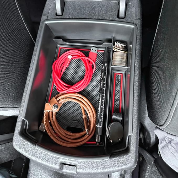 EDBETOS Center Console Organizer Tray Compatible with KIA Soul 2020 2021 2022 2023 2024 2025 Accessories EV S LX GT-Line EX Turbo, Interior Secondary Armrest Storage Box ABS Insert Tray, Red Trim