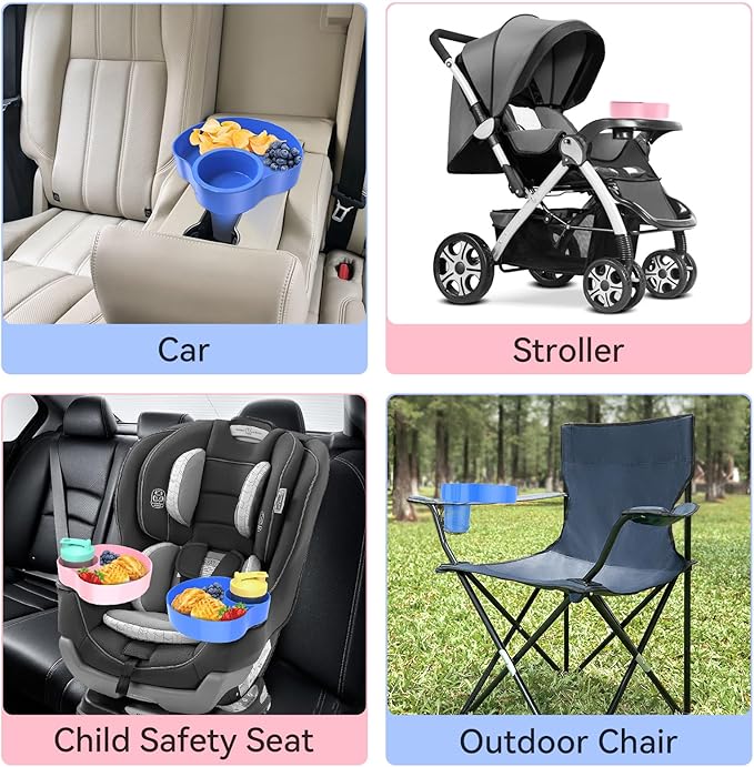 2PCS Car Seat Snack Tray for Kids: Kids Car Tray with Cup Holder, Toddlers Road Trip Essential, Travel Snacks Food Plate for Stroller, Snack Tray with a Cup Holder (Blue&Pink)