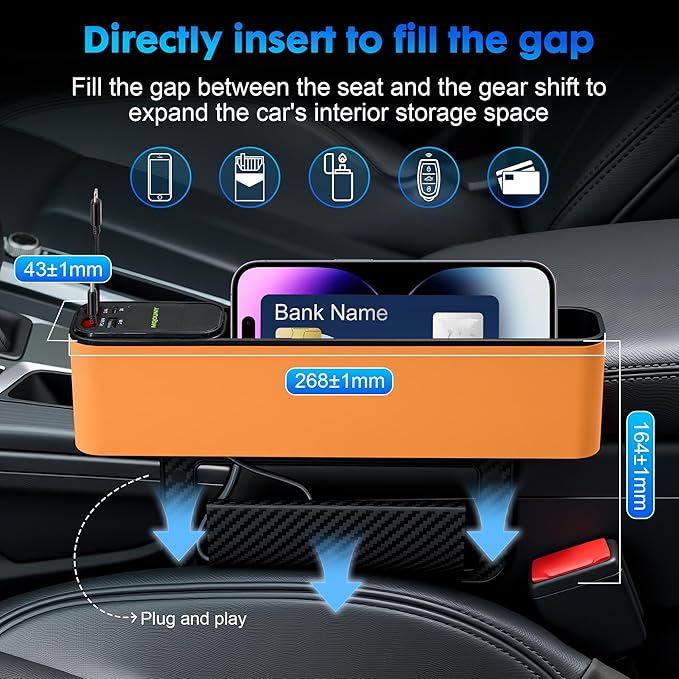 MQOUNY Car Seat Gap Filler with Retractable Car Charger, 36W Cars Adapter USB C Fast Charger for iPhone 17 Pro Max 16 14 13, Multifunctional Seat Side Gap Filler,Car Accessories Birthday Gifts