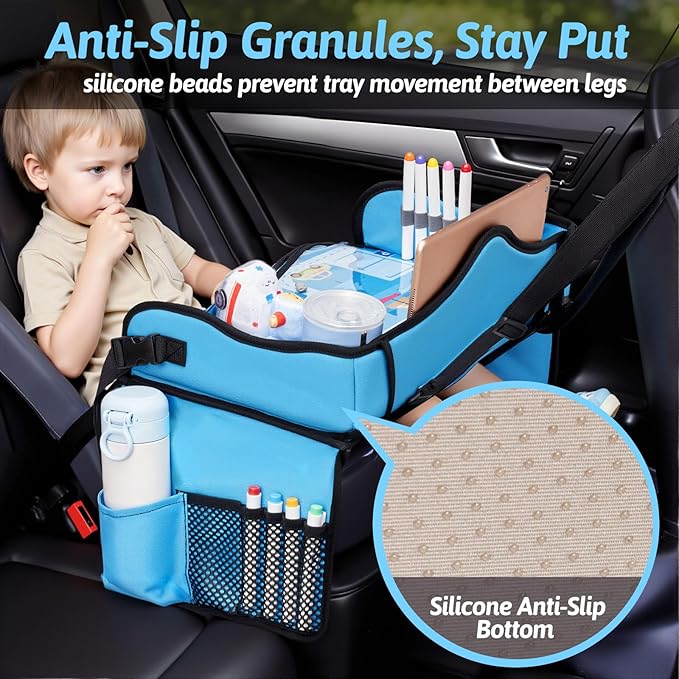 OUOZZZ Kids Travel Tray for Car - Boy's Safety Seat Table, Toddler Road Trip Essentials - Carseat/Airplane Lap Desk with Weight-Relief Strap, Non-Skid Silicone Base, Waterproof Dining/Craft Mat