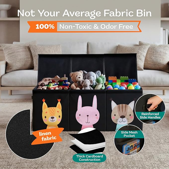 Extra Large Toy Storage Organizer with Lid - Sturdy, Collapsible Toy Chest Storage Box with Cute Design - Toys Bin with Dividers for Kids, Boys, Girls, Nursery, Bedroom, Play room 37"x16"x14"