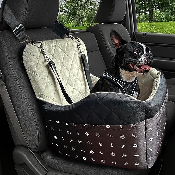 OtterPets Small Dog Car Seat, Memory Foam Dog Booster Car Seats with Thick Cushion for Medium Dogs Under 35lbs, 3 Storage Pockets with Zipper, 2 Safety Belts (Medium Bonus Harness Included)