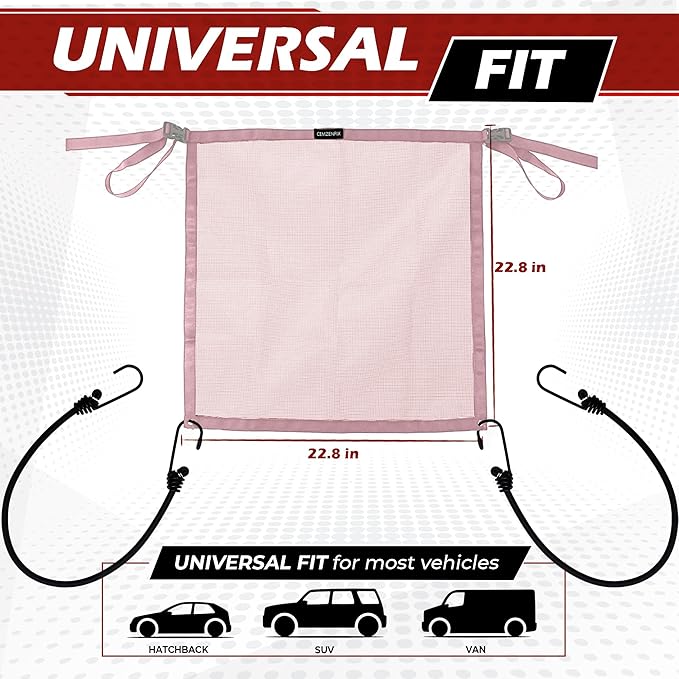 Universal Dog Car Net Barrier – Sturdy Mesh, Easy Install, Breathable Design, Easy to Clean, Flexible Bungee Cords for Adjustable Fit 23"×23" (Pink)