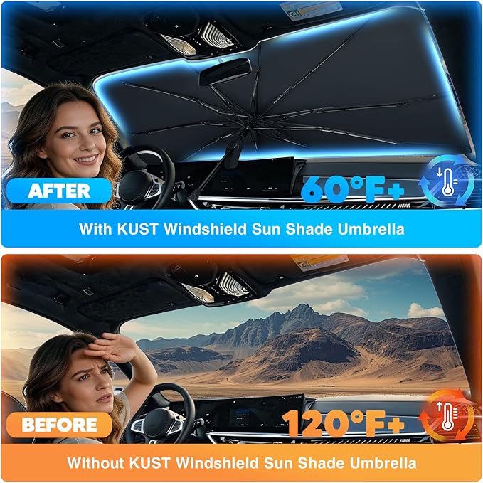 KUST Sun Shade Umbrella for Toyota Tacoma 2016-2023 | Custom Fit Windshield Sunshade | Foldable Sunshade with Bendable Handle | Blocks Heat & UV Rays Keep Car Cool Sunshield