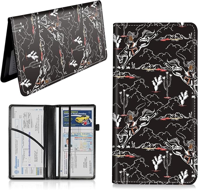 Car Registration and Insurance Card Holder, Vehicle License Documents Glove Box Compartment Organizer Wallet, ID Card Holder for Car Essentials Automobile, Western Man Cowboy