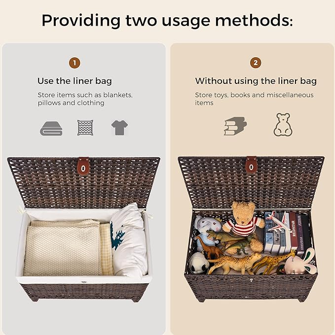 Honjourai Wicker Storage Basket with Lid,Rattan Shelf Basket with Removable Liner Bag,200L Storage Bin,Storage Trunk with Heightened Feet,Storage Container for Wardrobe,Home Organizer