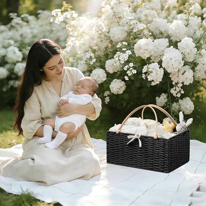 Angelhood Large Paper Rope Diaper Caddy, Baby Essentials Organizer, Portable Baby Shower Baskets Gift Bin, Car Storage Bag for Nursery