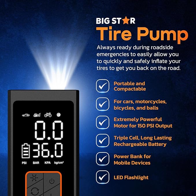 Portable Tire Inflator Air Compressor 150 PSI - Digital Gauge Auto Shut-Off LED Light for Car SUV Motorcycle Bike Balls - Fast 12V DC Pump w/ 10ft Cord (Big Star Trading)