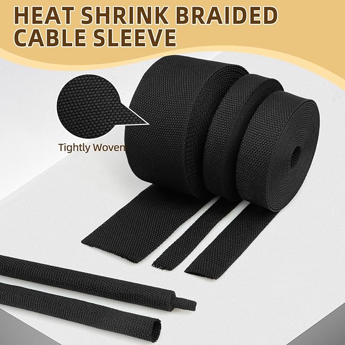 2:1Heat Shrink Braided Cable Sleeve,19.89FT 8mm（20/64″） Black Wire Wrap Sheath Protection Insulated Flame-Retardant Wire Wrapping Protector and Organizer.