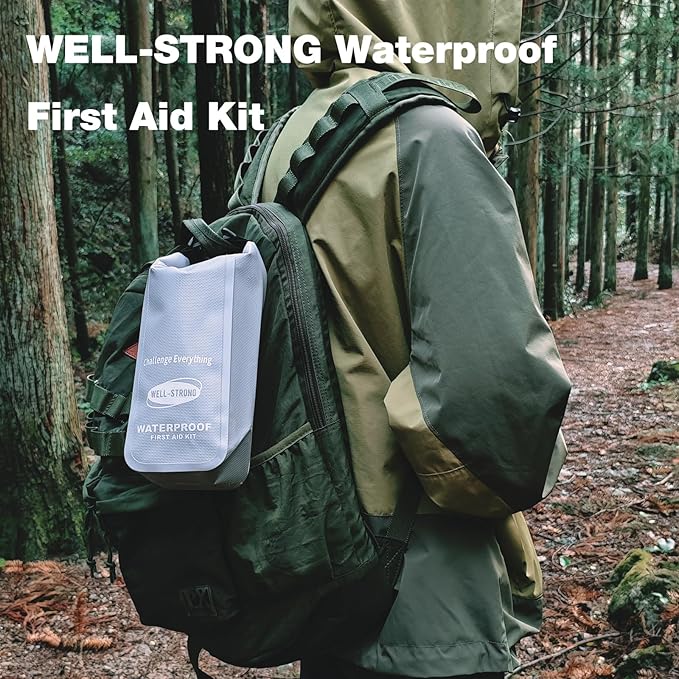 Boat First Aid Kit Waterproof, WELL-STRONG Marine Emergency Kit with Roll Top Dry Bag for Boating Fishing Kayaking – Water-Resistant Contents for Camping & Beach（Light Grey）
