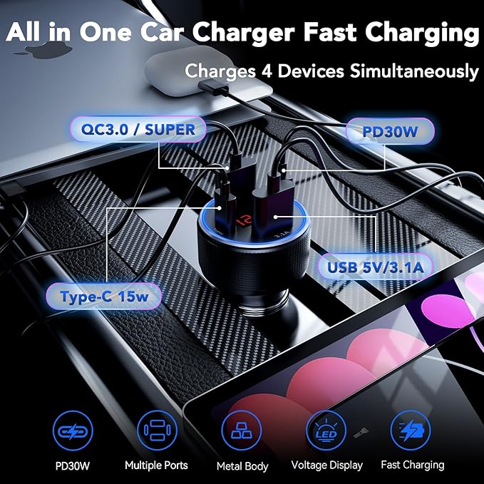 USB C Car Charger, 4 Port 78W USB Car Charger Adapter Fast Charging Multi Port Cigarette Lighter Adapter with Voltmeter Type C Phone Car Accessories for iPhone 17/16/15/14, Samsung Galaxy, iPad