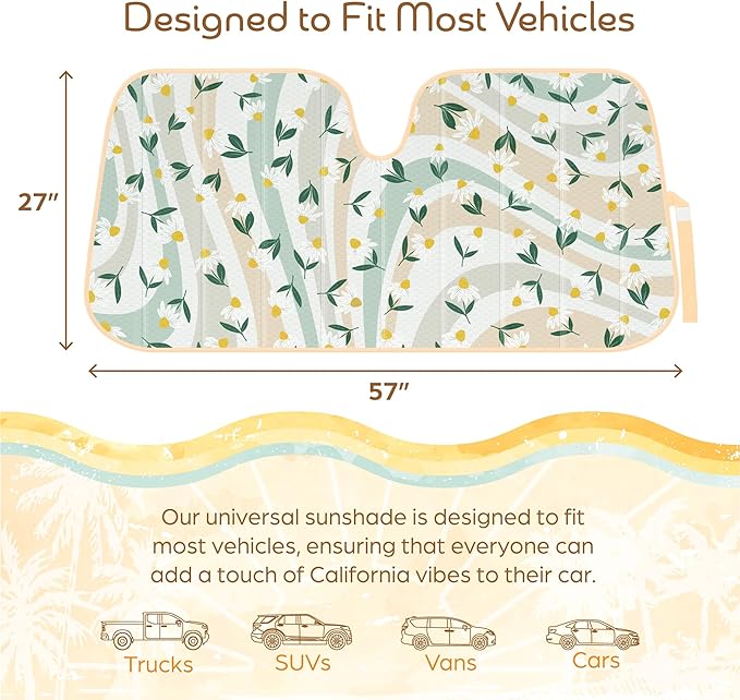 C&C Sage Floral Car Windshield Sun Shade - Sun Visor Sunshade for Car Windshield - Window Shades for Cars, SUV & Truck - Dash Cover UV Protection for Front Window Shade Accessories - 57" x 27"