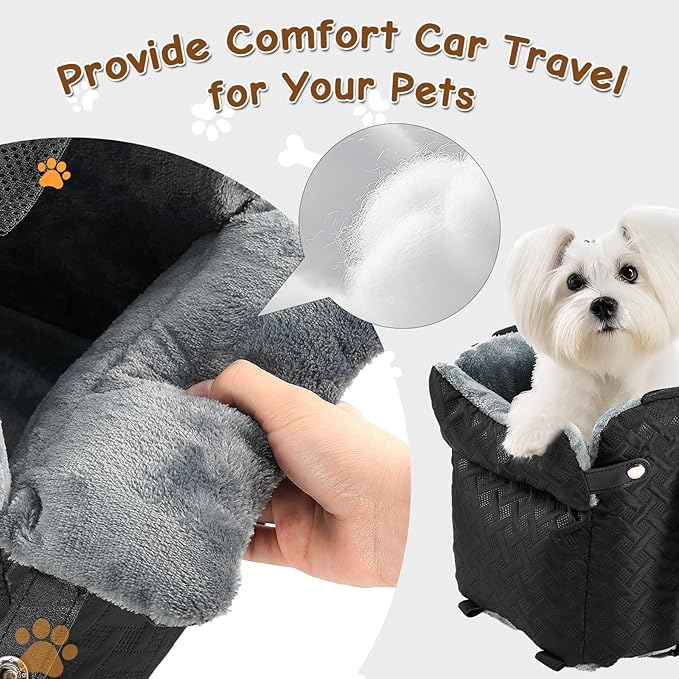 Center Console Dog Car Seat for Small Dogs Cats (Up to 15 lbs) - Washable, Foldable Pet Booster Seat with Safety Hooks, Adjustable Straps & Storage Pocket