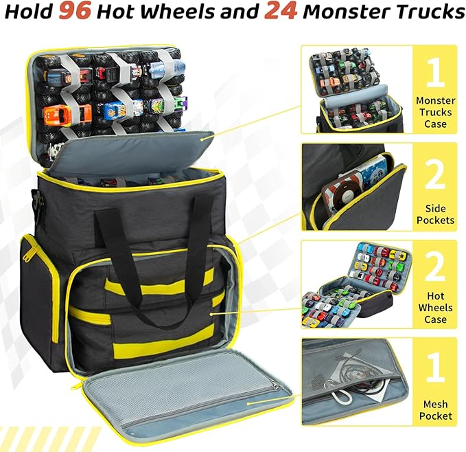 KISLANE Tote Toy Cars Storage Bag with Inner Pouches – Holds 96 Cars and 24 Monster Trucks, Toy Cars Organizer Storage for Matchbox, Monster Trucks (Yellow)