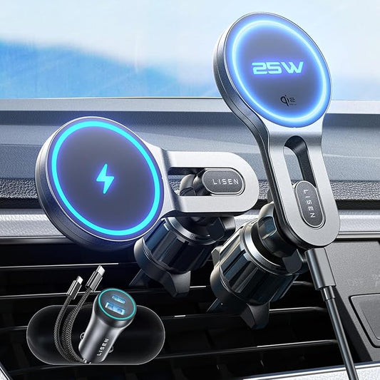 LISEN for Qi2.2 25W MagSafe Car Mount Charger, [Stable & Fast Charging] Magnetic Wireless Car Charger, Car Phone Holder Charger Car Accessories Fits iPhone 17 Pro Max Air 16/15/14/13/ Galaxy S26 Ultra