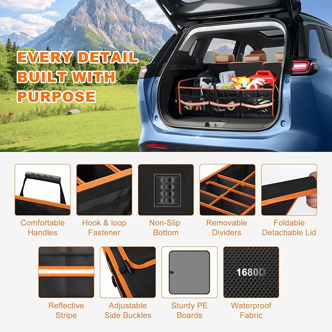 95L Car Trunk Organizer with Removable Cooler Bag, Collapsible Trunk Storage Organizer with Removable Lid - Multi Compartment Waterproof Storage Organization, Fits Most Car, Truck, Orange