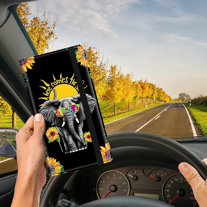 Car Registration and Insurance Card Holder, Vehicle License Documents Glove Box Compartment Organizer Wallet, ID Card Holder for Car Essentials Automobile, Elephant and Sunflowers