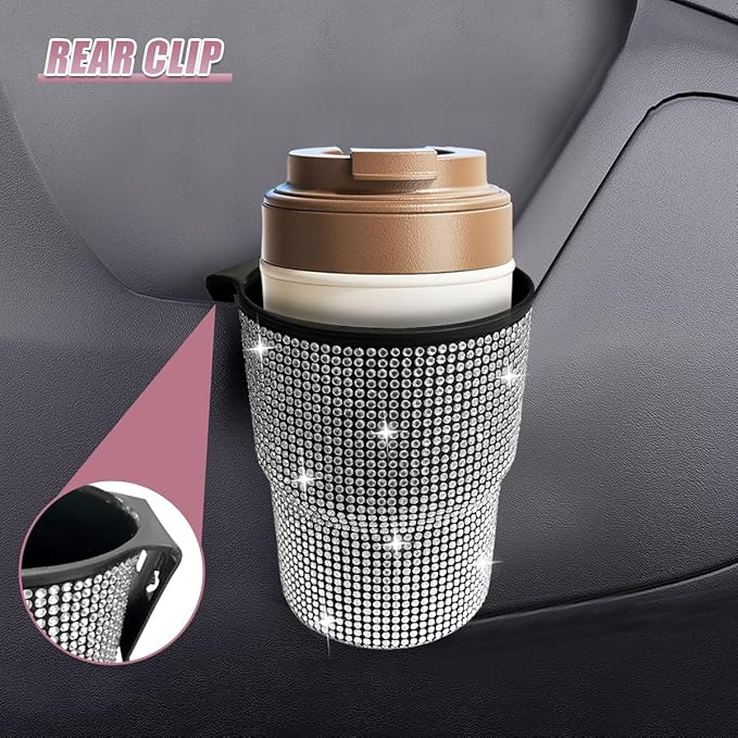 Bling Rhinestones Car Air Vent Trash Can, Hanging Automotive Cup Holder with 2 Hooks, Multi-Function Vehicle Door Organizer Accessories for Key, Pen, Water Bottles, Cellphone(White)