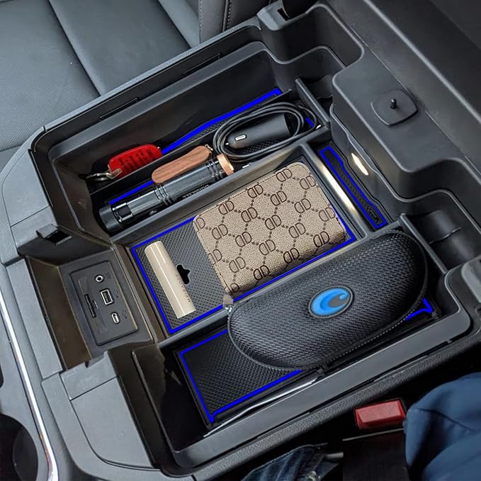 Zxiaochun Full Size Center Console Armrest Box Organizer Tray for 2019-2022 Chevy Silverado/GMC Sierra 1500 and 2020-2023 Silverado/Sierra 2500/3500 HD (Full Console w/Bucket Seats ONLY) Blue Trim