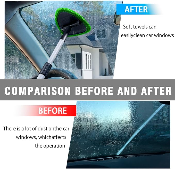 Windshield Cleaner Tool - Portable Car Interior Window Cleaning Kit with Extendable Handle, 4 Microfiber Towel Pads, Auto Glass Wiper for Windshield, Universal for RV, SUV, Truck (Green)