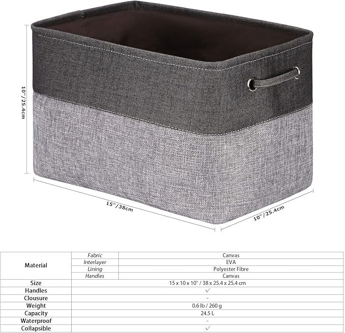 Sea Team 3-Pack Large Storage Basket Set, Trunk Organizer, Clothes Toys Bin, 15 x 10 x 10 Inches, Big Rectangular Canvas Fabric Collapsible Shelf Box with Handles for Kids Room (Grey/Black)