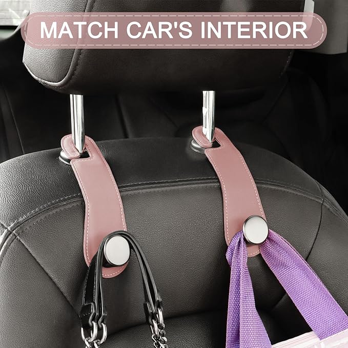 JESTOP Leather Car Seat Storage Hanger, 2 Pack Stylish Hooks for Purses Bags, Coats Umbrellas, Pink