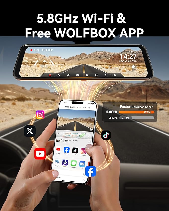 WOLFBOX G850 12" 4K Rear View Mirror Camera with 5.8GHz WiFi and Voice Control, Smart Mirror Dash Cam Front and Rear, Backup Camera with 1080P, Dash Cam with WDR, Includes 64GB Card & GPS