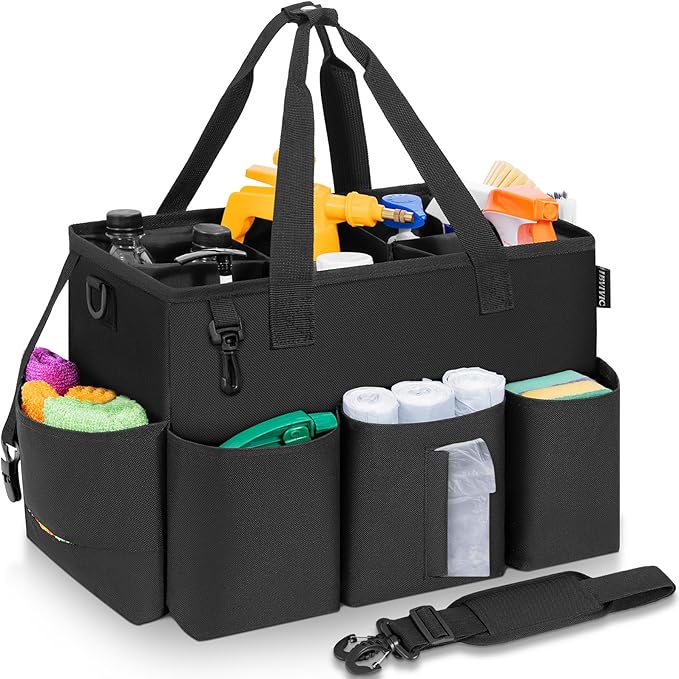 Wearable Cleaning Caddy Bag for Cleaning Supplies, Large Capacity Cleaning Organizer Tote Bag Kitchen Cleaning Supplies Storage Bag for Cleaners Housekeepers (Black)