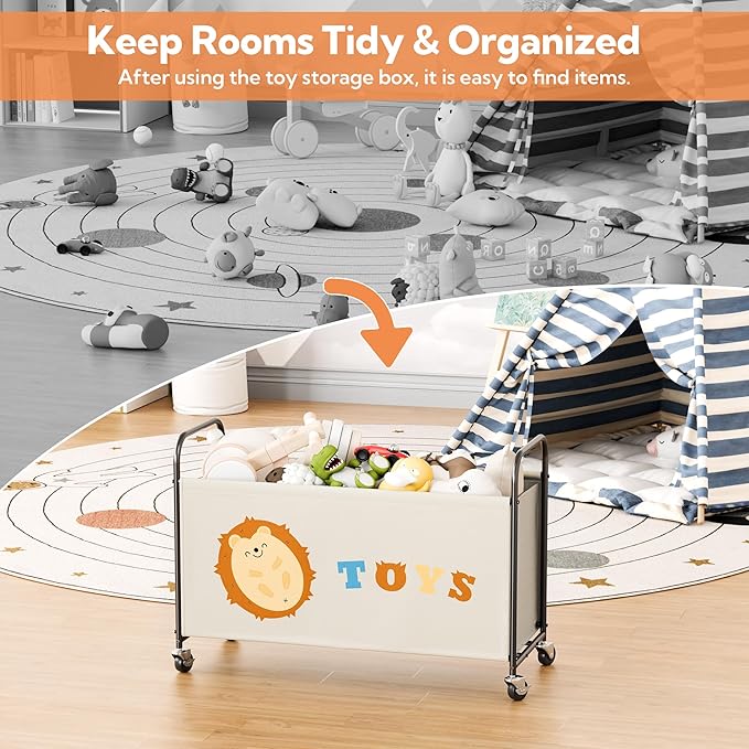 GRANNY SAYS Toy Box for Boys Girls, Large Toy Chest Storage with Wheels, Metal Kids Toy Storage Organizer for Stuffed Animals, 135L Kids Toy Bins for Bedroom, Living Room, Nursery, Beige