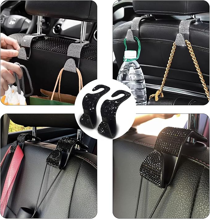 OSIFIT 2PCS Car Seat Hooks - Bling Rhinestone Headrest Hooks with Universal Design - Perfect for Holding Handbags, Clothes, Purses, and Water Bottles - Black
