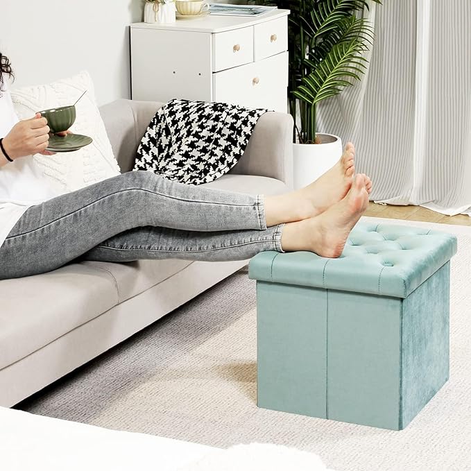 B FSOBEIIALEO Storage Ottoman Cube Velvet Tufted Folding Ottomans Footstool Rest Seat with Removable Lid (Teal, Medium)