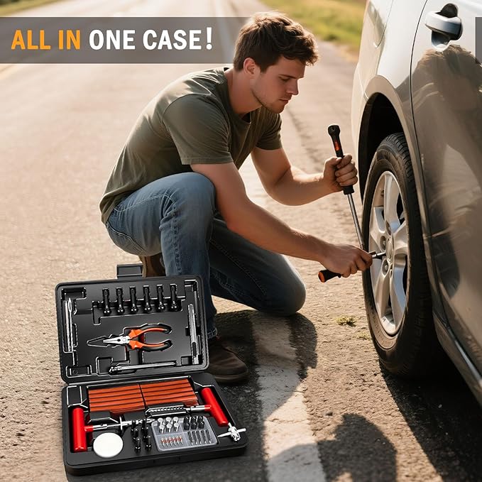 ORCISH Heavy Duty Tire Plug Kit - 98pcs All-in-One Universal Tire Repair Kit for Tubeless Flats, Emergency Tire Patch Kit for Car, Truck, SUV, ATV, Motorcycle, Trailer & RV