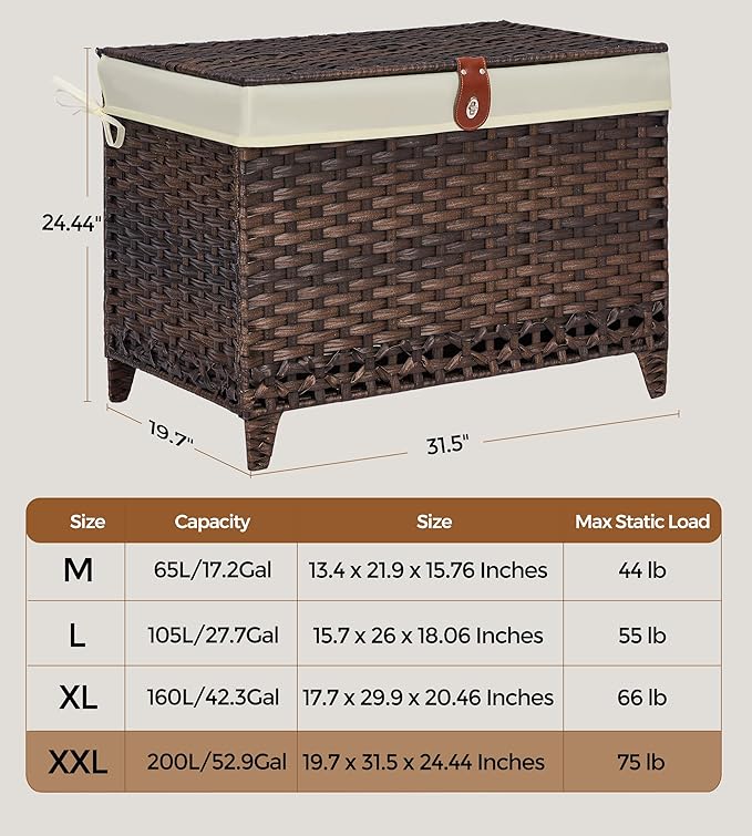Honjourai Wicker Storage Basket with Lid,Rattan Shelf Basket with Removable Liner Bag,200L Storage Bin,Storage Trunk with Heightened Feet,Storage Container for Wardrobe,Home Organizer