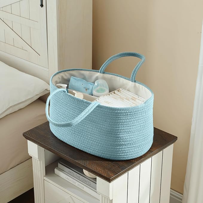 luxury little Diaper Caddy Organizer, Large Cotton Rope Nursery Baby Basket, Changing Table Organizer for Baby Diaper Storage, Portable Car Organizer Removable Divider (Lake Blue, Large)
