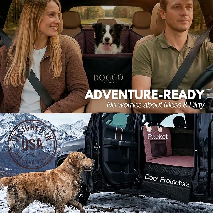 Dog Car Seat Cover with Hard Bottom – Back Seat Extender for Small & Medium Dogs, Waterproof & Non-Slip Hammock, Reinforced & Stable Design with Storage Pockets for Cars, SUVs & Trucks (Brown)