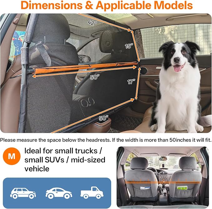 Dog Barrier for SUV - 50" Wide Escape-Proof Dog car Divider Back seat Barrier, Durable Nylon/PVC Mesh Net | Foldable Car Dog Barrier for Trucks, Mid-Sized Vehicles & SUVs