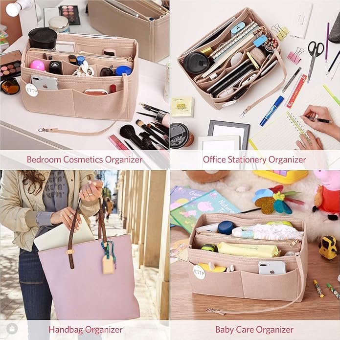 Purse Organizer Insert, Felt Tote Organizer Insert With Metal Zipper, Handbag Organizer For Speedy, Neverfull, Tote, Handbag, 7 Colors 5 Sizes