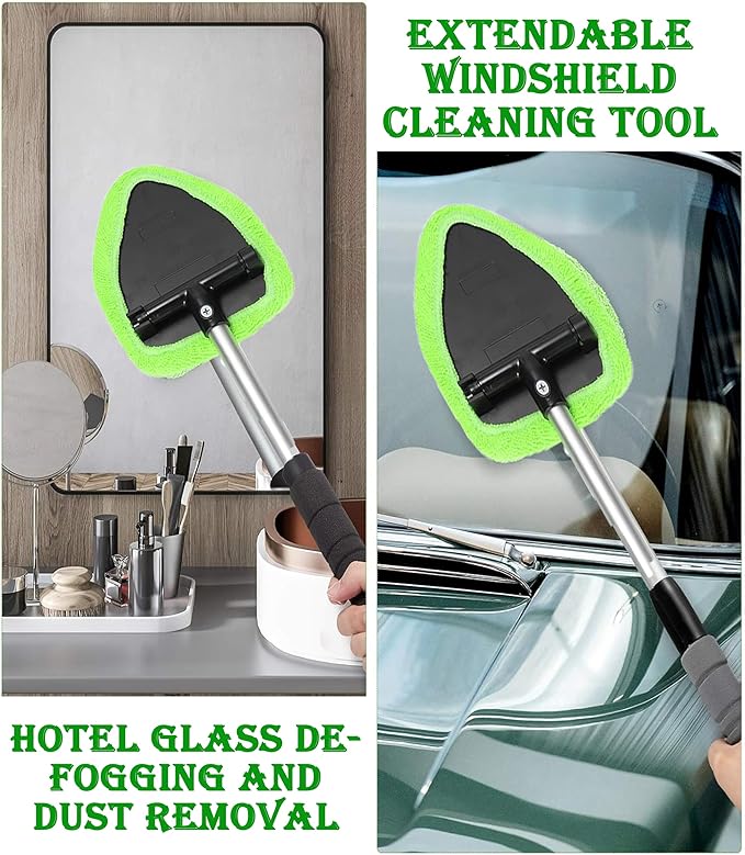 Windshield Window Cleaner Tool, Windshield Cleaner Car Windshield Cleaning Tool with Reusable Microfiber Pads Glass Wiper Kit with Extendable Handle Car Window Cleaner for Car Cleaning (1, Green)