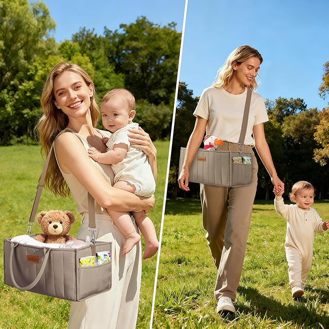 Zooawa Baby Diaper Caddy Organizer, Portable Nursery Storage Basket with Compartments, Handle & Shoulder Strap for Newborn Baby Essentials, Gift for Baby Shower, Nursery, Travel, Car, Mocha Brown