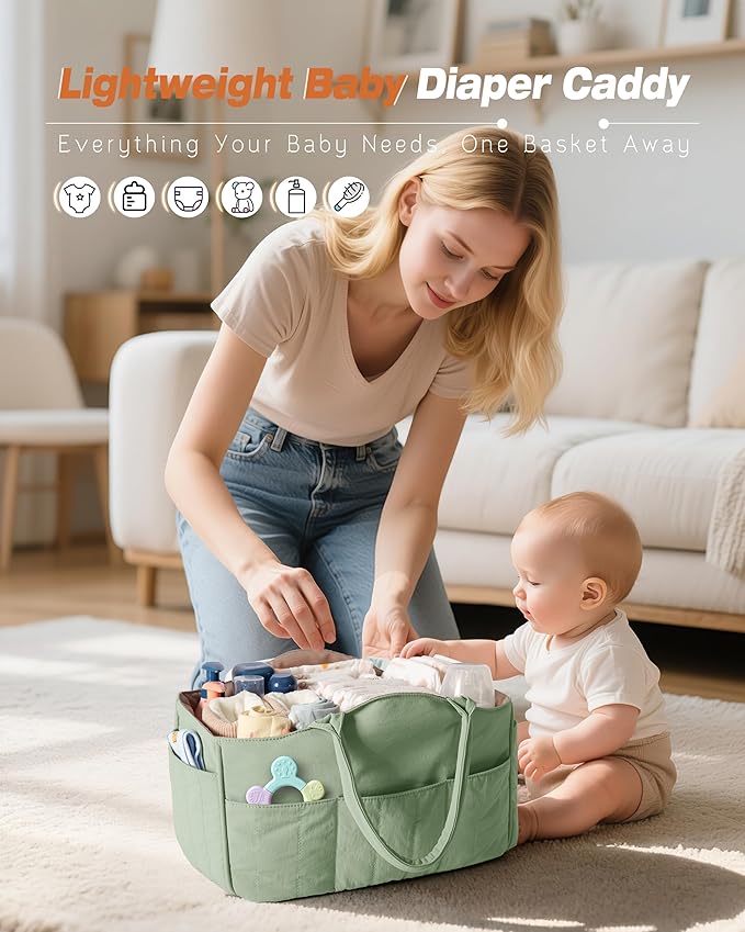 Quilted Baby Diaper Caddy with Detachable Dividers and Wipes Pocket, Lightweight Baby Caddy Organizer with Handles and 8 Pockets for Baby Stuff, Green