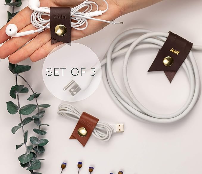 KEYAIIRA - Set of 3 Personalized Leather Cable Cord Holders Gold Snap Closure - laptop charging cord keeper, earbud wire organizer customized monogram gift tech, stocking stuffer, travel accessories