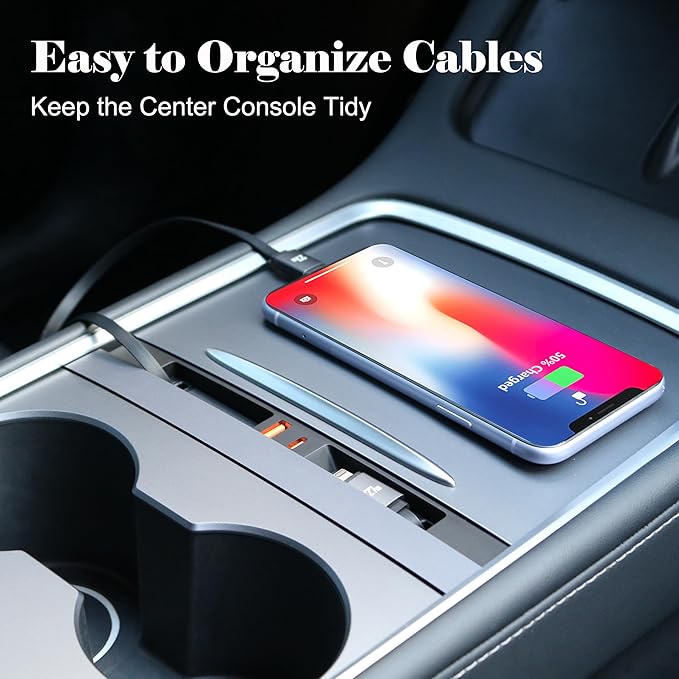 Car USB Hub Charger for Tesla Center Console with Fast Charging Retractable Cables Phone Charger Docking Station Accessories (Model Y 21-24 & Model 3 21-23)