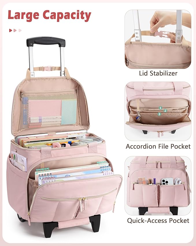 Marscamd Rolling Teacher Bag with Accordion File Organizer & 15.6" Laptop Compartment, Wheeled Work Briefcase Tote with Detachable Trolley & Crossbody Strap for Women, Pink