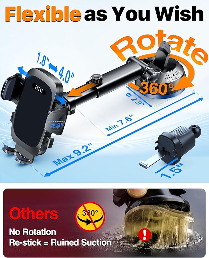 2026 Ultimate Best【True Military-Grade & Safety Cert】Car Phone Holder【Upgraded 360 Rotation & 100+LBS Strongest Suction】5-in-1 Truck Windshield Dashboard Vent Mount Stand for iPhone Android,Deep Black