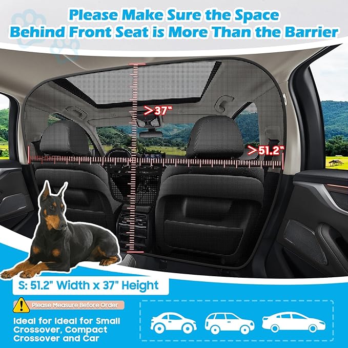Dog Car Barrier Behind Front Seat, 51.2" Wide Car Pet Barrier One-Piece Design, Dog Car Divider Back Seat Barrier Small Crossover, Compact Car and Crossover