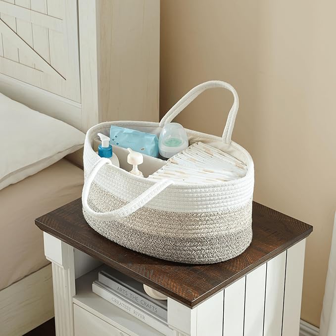 luxury little Diaper Caddy Organizer, Large Cotton Rope Nursery Baby Basket, Changing Table Organizer for Baby Diaper Storage, Portable Car Organizer Removable Divider (Gradient Brown, Extra Large)