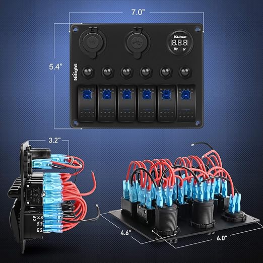 Nilight 6 Gang ON Off Rocker Switch Panel 12V Voltmeter Dual USB Charger Cigarette Lighter Socket For RV Truck Boat , 2 Years Warranty